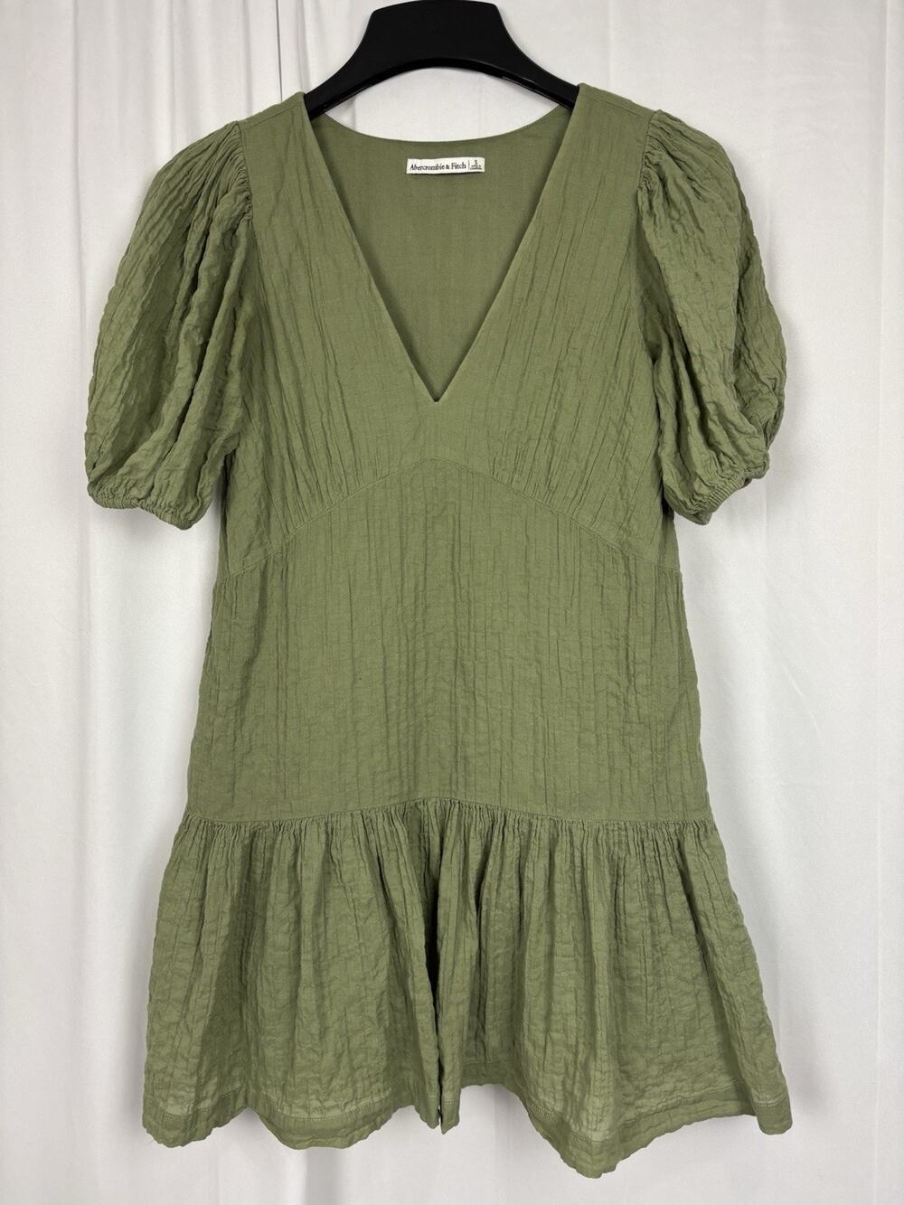 Abercrombie & Fitch Green Short Puff Sleeve V Neck Trapeze Mini Dress S